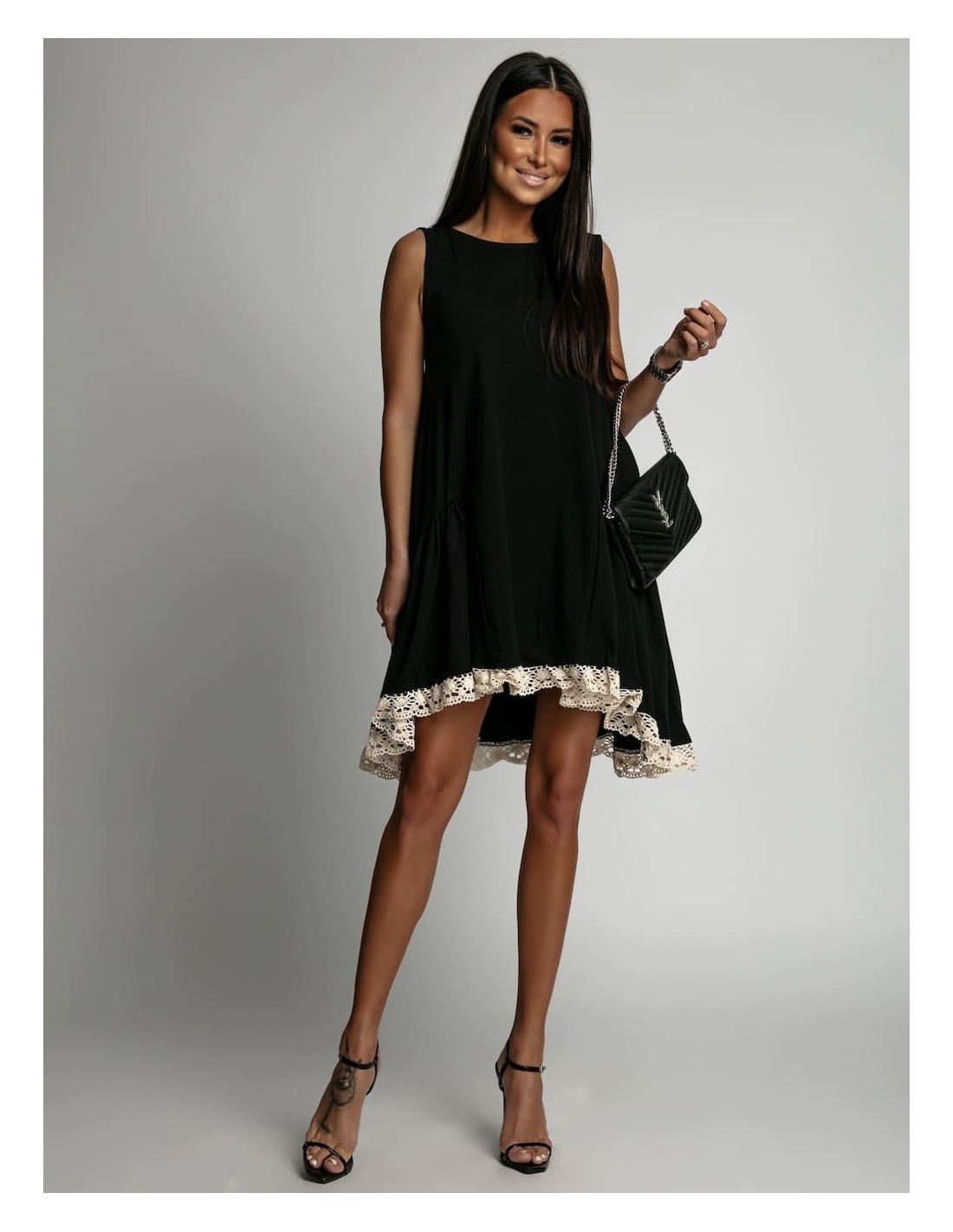 Dress with ruffles and guipure, black 2571 - Online store - Boutique